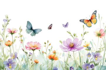 Fototapeta na wymiar An watercolor painting of picturesque meadow blooms with gracefully fluttering butterflies