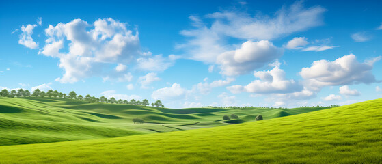 Beautiful countryside, Summer nature photography of lush green pastures and clear blue sky.