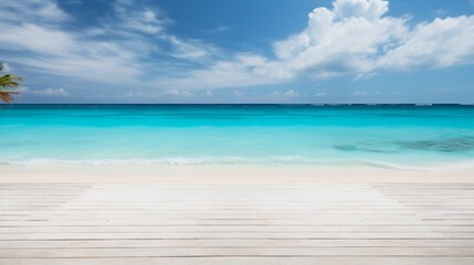 An empty stage on a remote island beach, with white sand and turquoise waters.