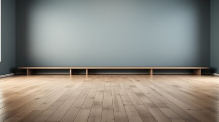 An upscale empty conference stage with polished wood flooring and a sophisticated gray backdrop.