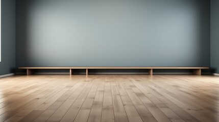 Fototapeta premium An upscale empty conference stage with polished wood flooring and a sophisticated gray backdrop.