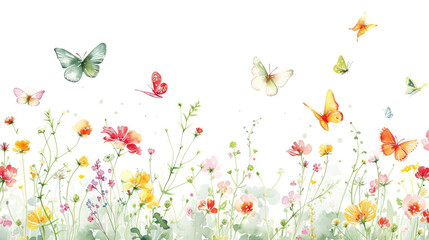 Fototapeta na wymiar A watercolor painting of meadow blossoms surrounded by floating butterflies