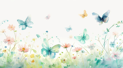 A watercolor painting of meadow blossoms surrounded by floating butterflies