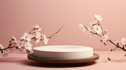 Product Presentation on a Round Podium Platform with Spring Flowering Tree Branch and White Blossom Flowers on a Pastel Background.