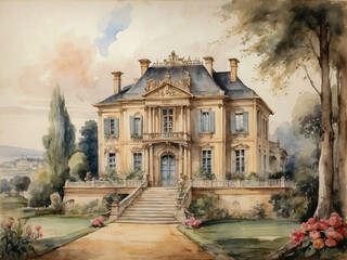 A graceful mansion depicted in a captivating watercolor painting, where delicate strokes blend seamlessly to evoke the charm and tranquility of architectural elegance.