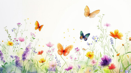 Obraz na płótnie Canvas A watercolor painting of meadow blossoms surrounded by floating butterflies