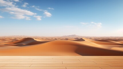 Fototapeta na wymiar An untouched platform overlooking a minimalist desert landscape with vast sand dunes.