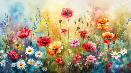 A watercolor of a vibrant wildflower meadow in full bloom