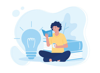 woman holding a cup of coffee and reading a book concept flat illustration