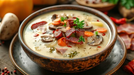 Polish white borscht with vegetables, smoked sausage, dried mushrooms and bacon close-up in a plate on the table