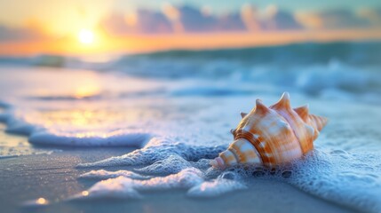 Obraz na płótnie Canvas Seashell closeup on the seashore, summer holiday concept.
