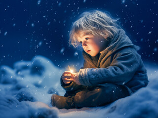 Cinematic image of a child bathed in ethereal light in a  winter landscape, magic and wonder combined.