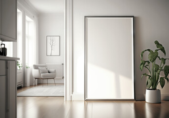 White frame placed in a brigt living room Mockup. Generative Ai