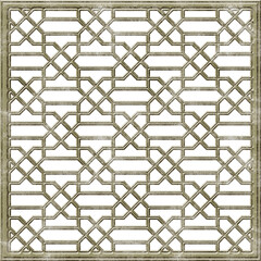 Traditional quatrefoil lattice 3d pattern. Islamic window silver grille panel. Ornament in geometric arabian style. Mashrabiya in square frame, metal casting. Isolated background. Illustration