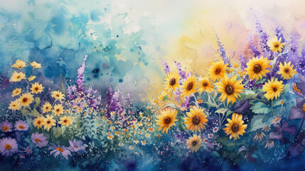 Fototapeta na wymiar A watercolor of a dreamy, blossoming meadow