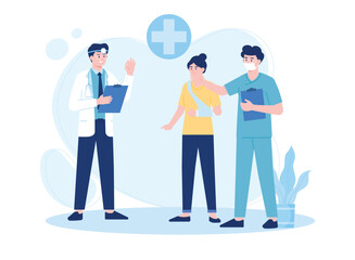 female patient with broken hand consults doctor concept flat illustration