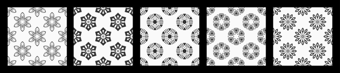 Set of five abstract seamless vector patterns with repeating geometric symmetric round shapes, circles, flowers. Flat design pattern. Abstract signs. Black and white vector backgrounds.