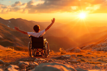 Back view of boy with raised hands up sitting on a wheelchair and enjoying sunset with mountains in the background