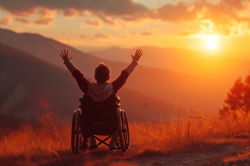 Fototapeta na wymiar Back view of boy with raised hands up sitting on a wheelchair and enjoying sunset with mountains in the background