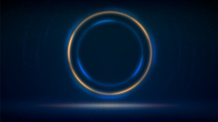 Stage with golden blue circular lighting background. Shining light ring. Glowing gold circle. Stage backdrop. Background for displaying products. Glittering golden particles. Vector illustration