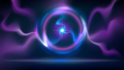 Abstract background with circular pink blue purple lightning, electric discharge, arc. Shining ring. Spot of light. Illuminated stage, dark blue backdrop. Background for displaying products. Vector