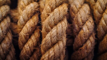 Bold rope. Closeup of thick nautical ropes. Heavy strong ropes background.