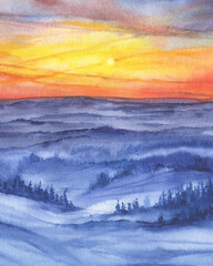 Abstract misty blue mountain landscape - the mountains, silhouettes of the hills at sunset. Panoramic view on the winter forest, covered in fog. Watercolor hand drawn painting illustration.