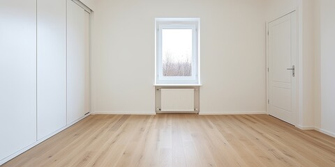 Fototapeta premium Empty and spacious bedroom with white walls, laminate floor, and built-in wardrobe, inside.