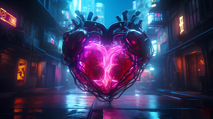 Cyberpunk Retro Futuristic Heart. Blurred background with neon lights. Suitable for Valentine's Day romantic designs. - obrazy, fototapety, plakaty