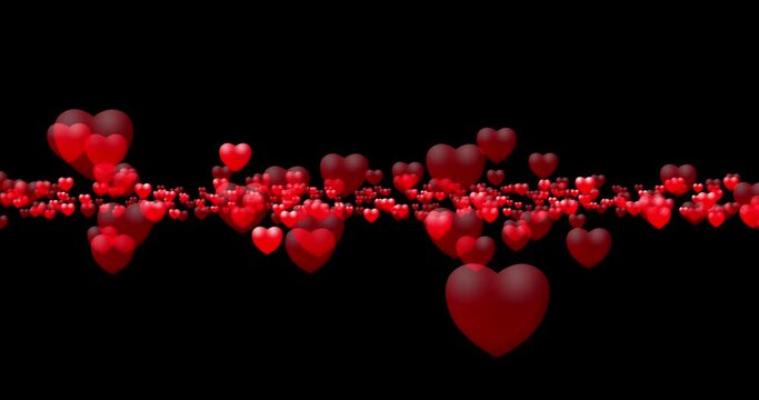 Red hearts flying along a flat surface on a black background. Valentine's Day. Seamless looping animation.