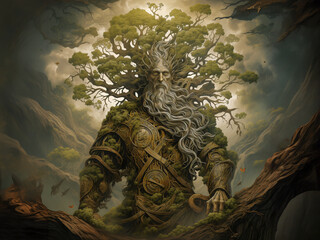An artist's evocative rendering unveils Yggdrasill, the ancient tree-man, shrouded in mystery, embodying the spirit of the mythic cosmic tree from Norse mythology.
