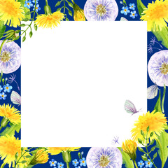 watercolor white frame with summer field flowers, hand draw illustration of yellow dandelions and blow balls, leaves, herbs, butterfly on blue background