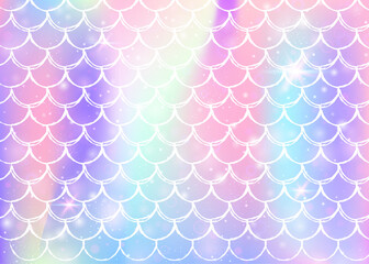 Rainbow scales background with kawaii mermaid princess pattern. Fish tail banner with magic sparkles and stars. Sea fantasy invitation for girlie party. Pearlescent backdrop with rainbow scales.