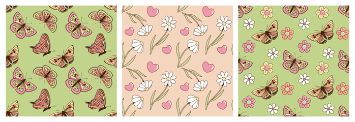 Fototapeta na wymiar Collection of groovy hippie floral seamless patterns. Romantic backgrounds in retro 60s 70s style with butterflies flowers and hearts. Vector illustrations for wrapping, textile, posters, social media