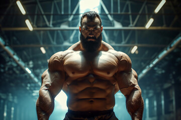 Fototapeta na wymiar Imposing Bearded Bodybuilder in Industrial Gym