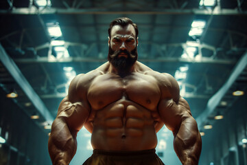 Fototapeta na wymiar Imposing Bearded Bodybuilder in Industrial Gym