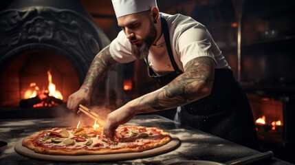 Close-up of a male chef preparing homemade pizza in a pizzeria against the background of an oven. Italian food, cafe and restaurant cuisine concepts.