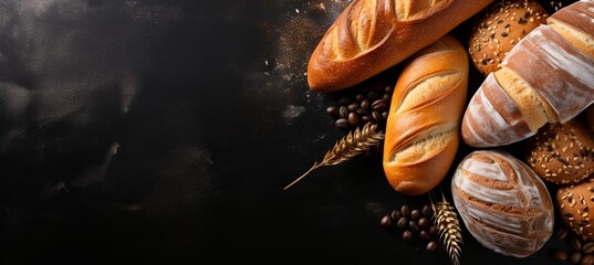 Assortment of freshly baked bakery products on blackboard with copy space, top view