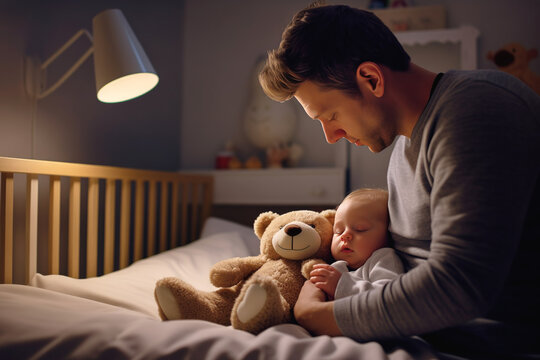 Anxious Father Repeatedly Checks On Sleeping In Cot Child. Man Puts Little Boy In Bed On Delicate Crib In Evening In Preparation For Sleepless Night, Close-up