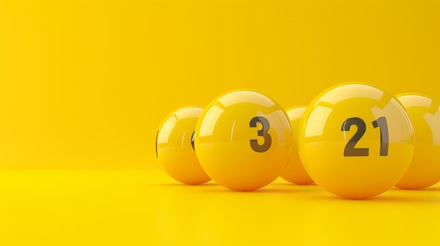 Vibrant close up of yellow lottery balls on pastel background with focus on lucky number 21