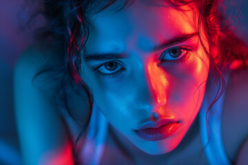 Fototapeta na wymiar Intense Portrait of a Woman in Blue and Red Lighting