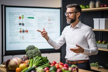 Male nutritionist makes presentation about vegan food advantages. Professional man emphasizes positive impact of greens and vegetables on health