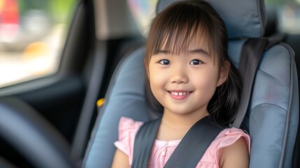 Happy young girl sitting in car safety seat, traveling safely and securely concept