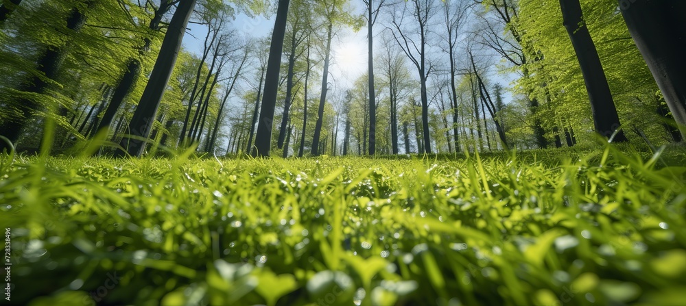 Poster enchanting spring forest with sun rays as magical background for nature and landscape concepts