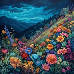 Fototapeta na wymiar AI generated illustration of a vibrant painting of a valley with blooming flowers against mountains