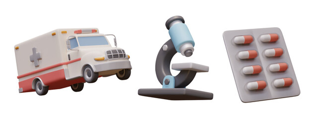 Realistic ambulance, microscope, blister pack with capsules. Emergency aid © ArtHub007