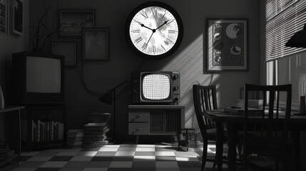 Monochrome image of a vintage living room with classic furniture, wall clock