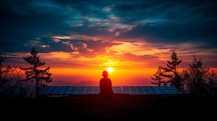 Fototapeta na wymiar silhouette of a person sitting peacefully during a stunning sunset, with solar panels in the foreground against a mountainous backdrop