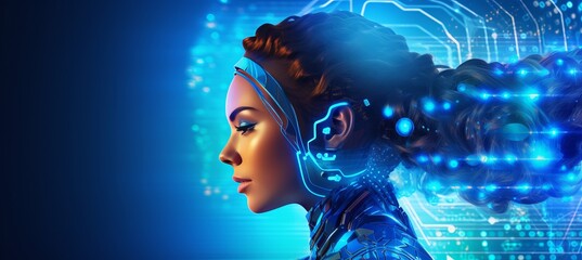 Futuristic technology  side view of humanoid head with vibrant neon neural network