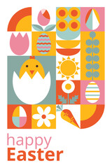 Geometric festive postcard for Happy Easter with typography. Trendy design with simple shapes. Icons with eggs, bunny, flowers, nestling.  Template for card, poster, promotion, banner